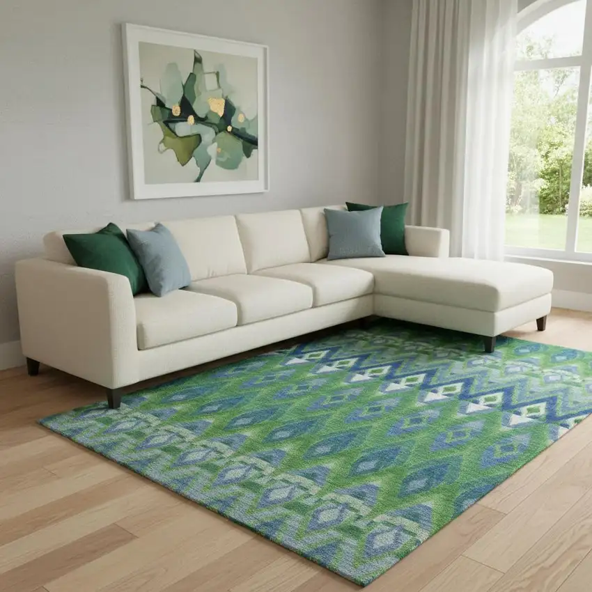 Green Blue And Ivory Southwestern Washable Area Rug With UV Protection Photo 1