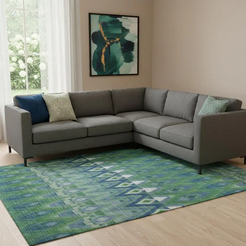 Green Blue And Ivory Southwestern Washable Area Rug With UV Protection Photo 1