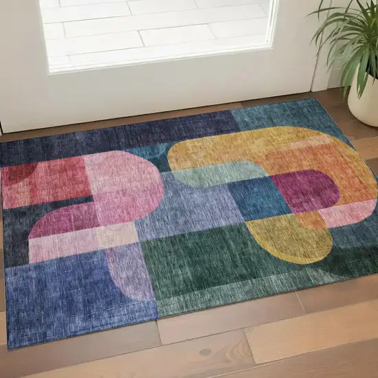 Green Blue And Pink Abstract Geometric Washable Area Rug With UV Protection Photo 1