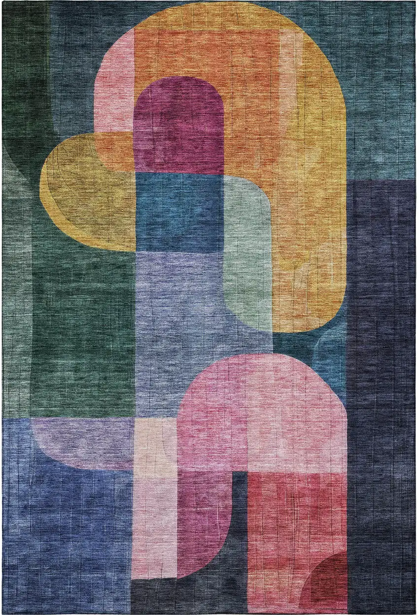 Green Blue And Pink Abstract Geometric Washable Area Rug With UV Protection Photo 3