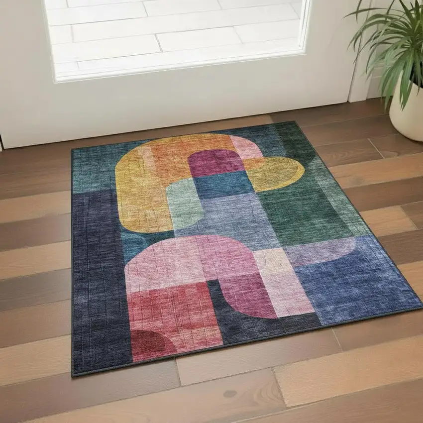 Green Blue And Pink Abstract Geometric Washable Area Rug With UV Protection Photo 2