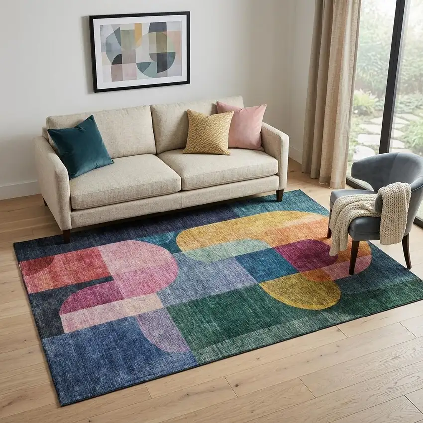 Green Blue And Pink Abstract Geometric Washable Area Rug With UV Protection Photo 1