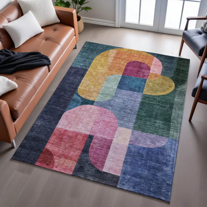Green Blue And Pink Abstract Geometric Washable Area Rug With UV Protection Photo 5