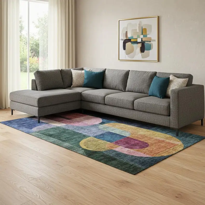 Green Blue And Pink Abstract Geometric Washable Area Rug With UV Protection Photo 2