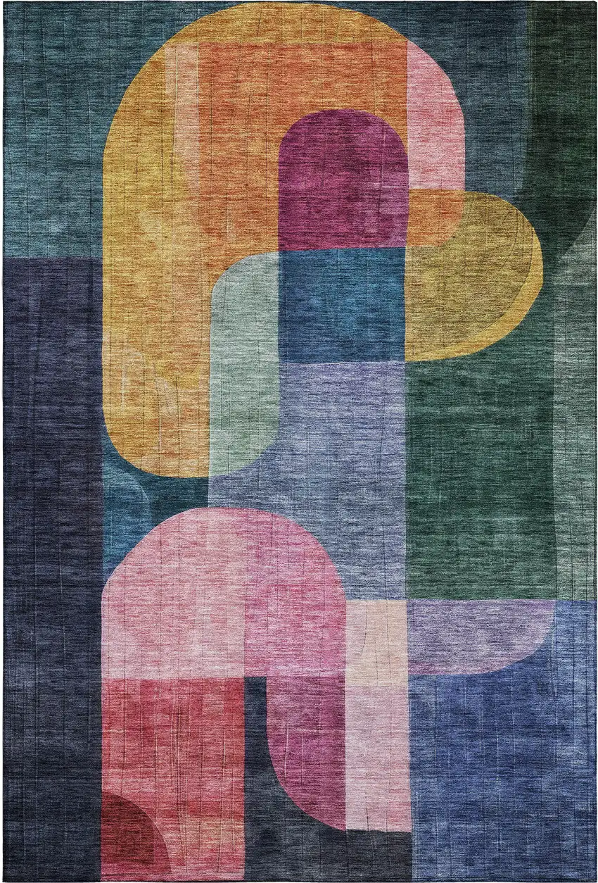 Green Blue And Pink Abstract Geometric Washable Area Rug With UV Protection Photo 1