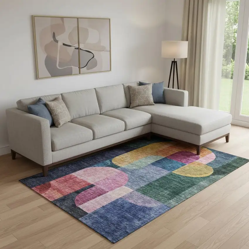 Green Blue And Pink Abstract Geometric Washable Area Rug With UV Protection Photo 2