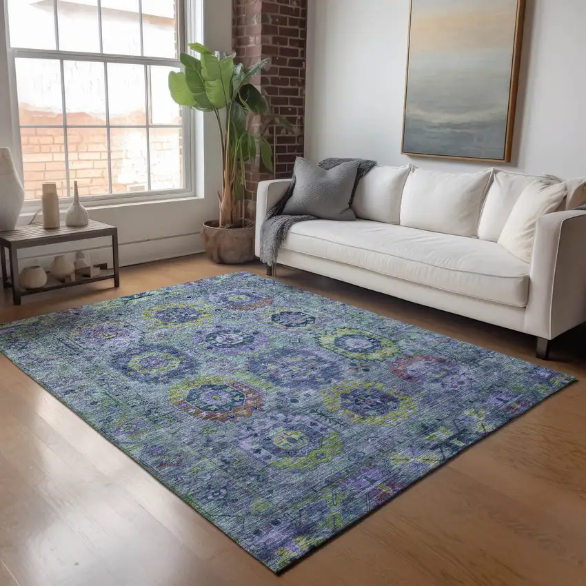 Green Blue And Purple Medallion Washable Indoor Outdoor Area Rug Photo 9