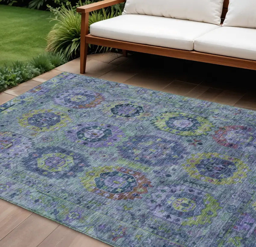 Green Blue And Purple Medallion Washable Indoor Outdoor Area Rug Photo 1