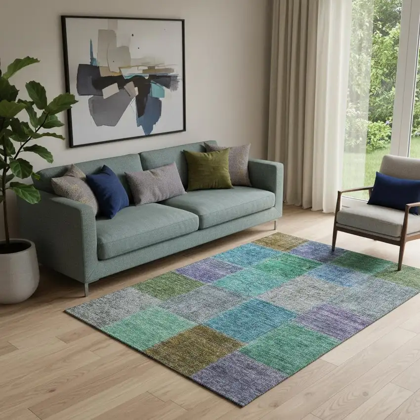 Green Blue And Purple Patchwork Washable Area Rug With UV Protection Photo 1