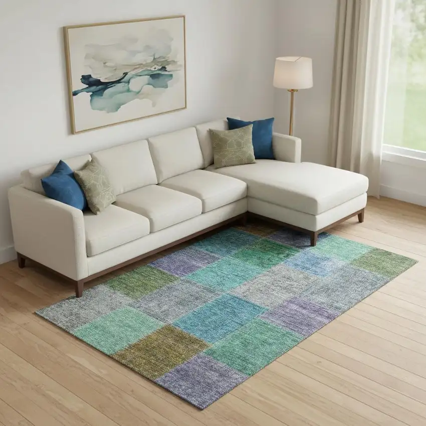 Green Blue And Purple Patchwork Washable Area Rug With UV Protection Photo 1