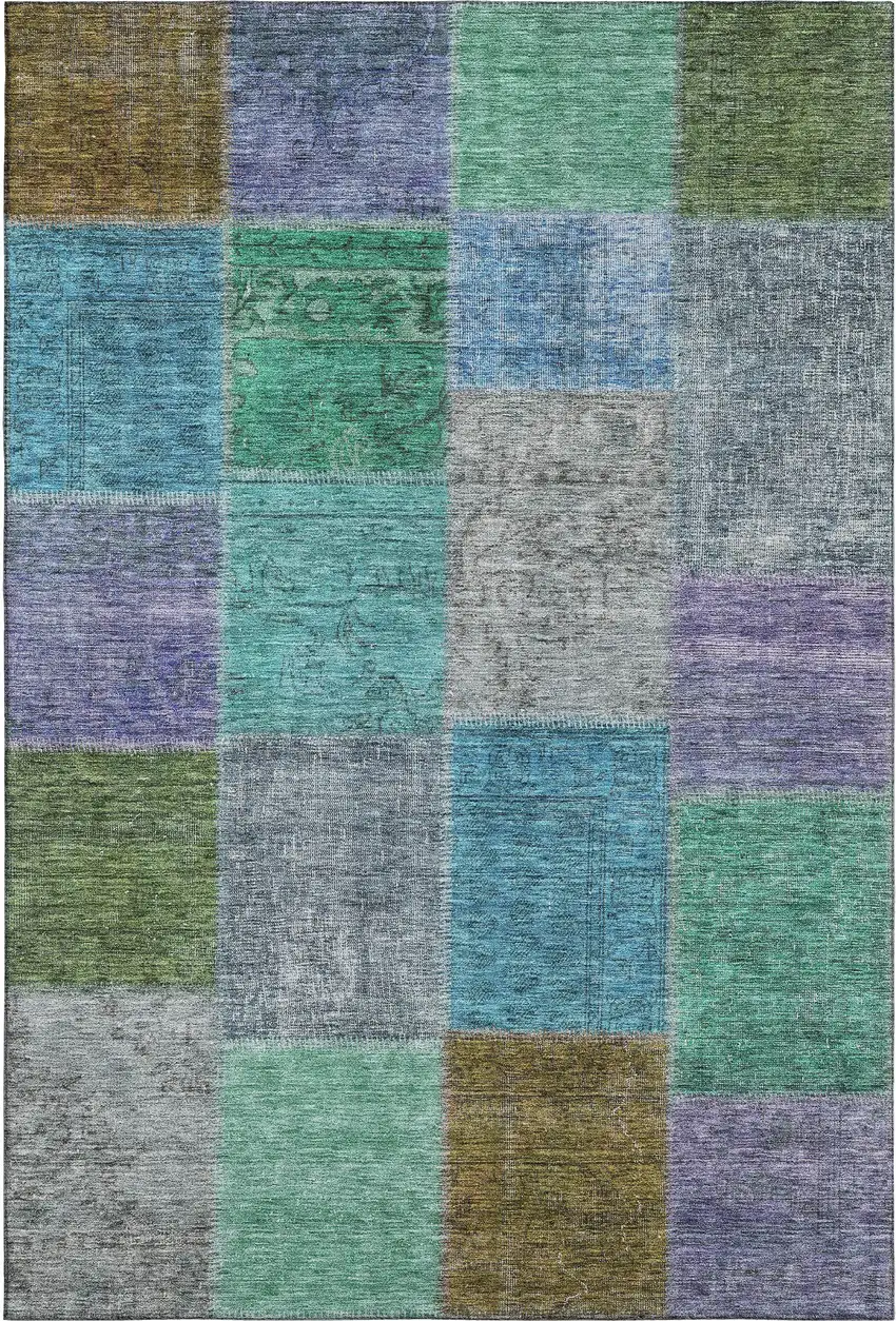 Green Blue And Purple Patchwork Washable Area Rug With UV Protection Photo 1