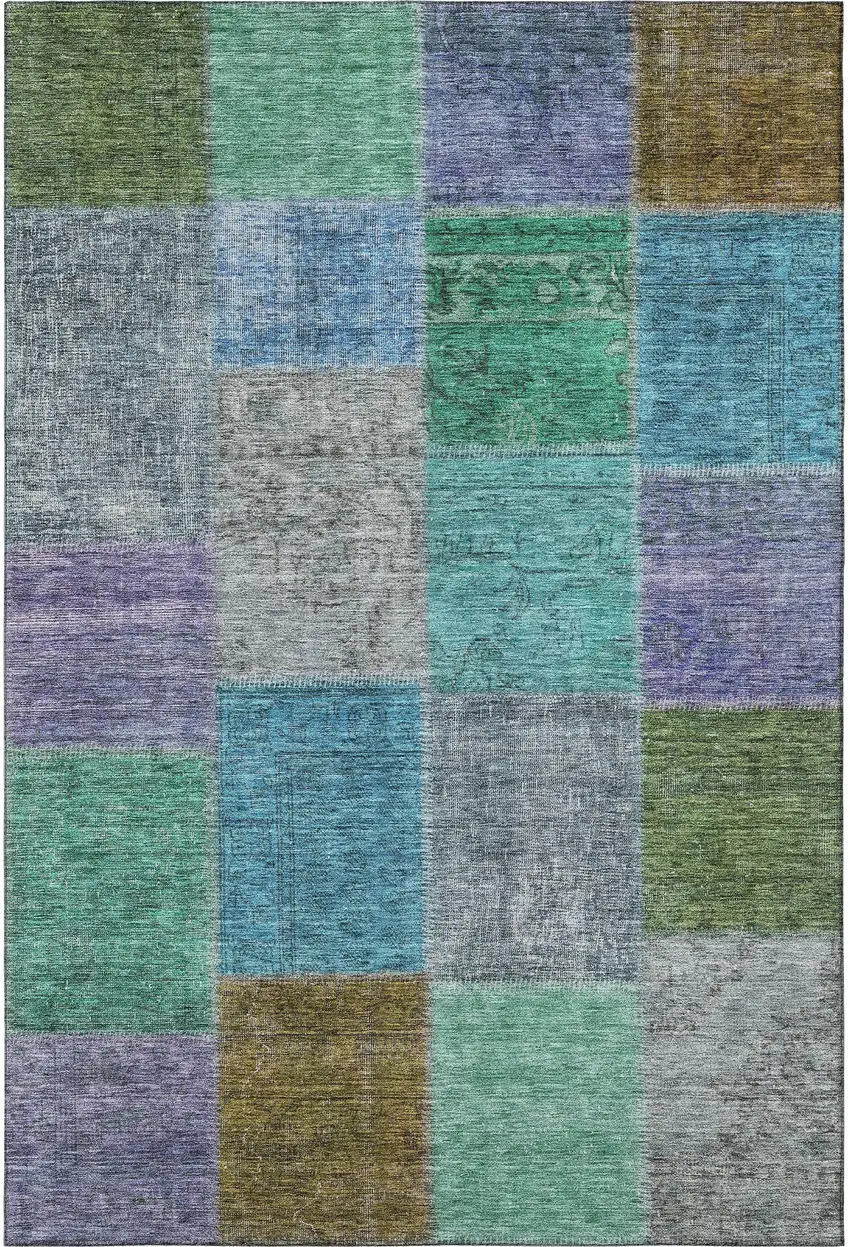 Green Blue And Purple Patchwork Washable Area Rug With UV Protection Photo 3