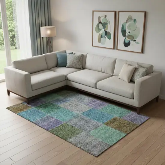 Green Blue And Purple Patchwork Washable Area Rug With UV Protection Photo 1