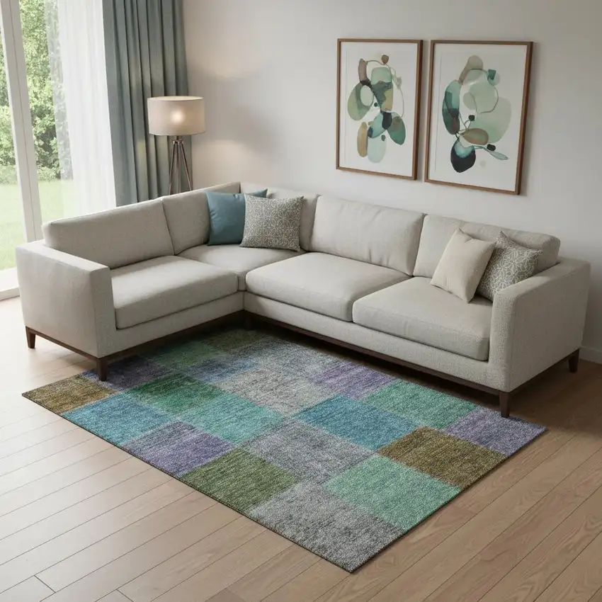 Green Blue And Purple Patchwork Washable Area Rug With UV Protection Photo 1