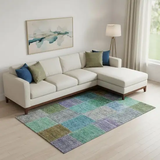 Green Blue And Purple Patchwork Washable Area Rug With UV Protection Photo 1