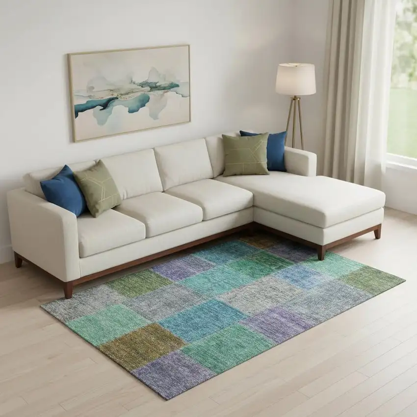 Green Blue And Purple Patchwork Washable Area Rug With UV Protection Photo 1