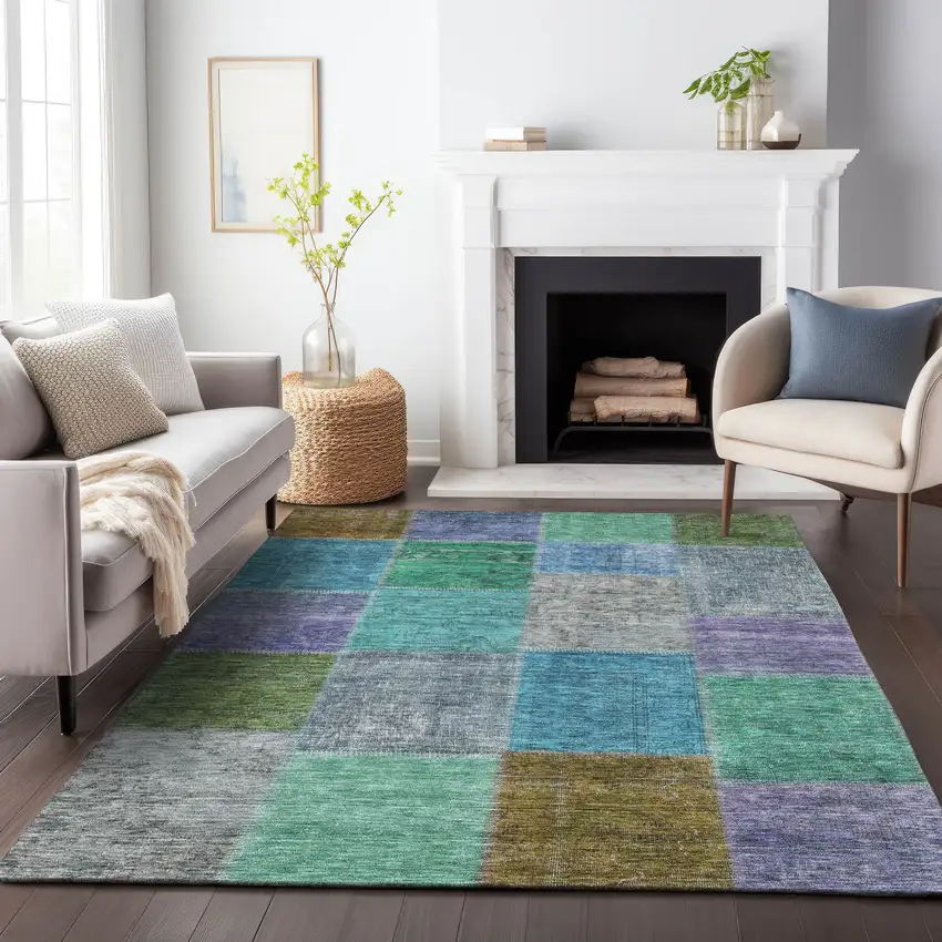 Green Blue And Purple Patchwork Washable Area Rug With UV Protection Photo 4