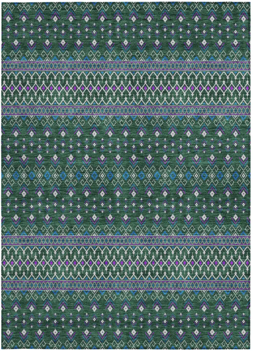 Green Blue And Purple Tribal Washable Indoor Outdoor Area Rug Photo 4