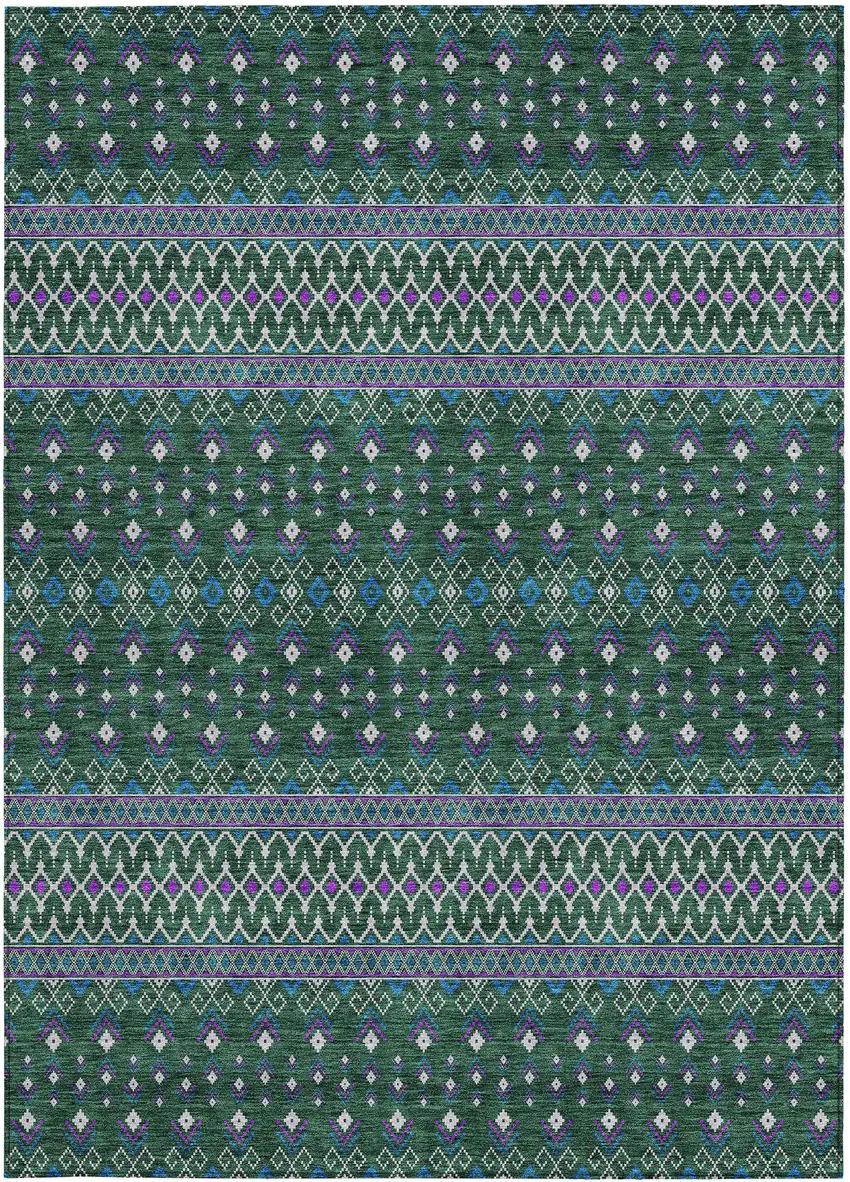 Green Blue And Purple Tribal Washable Indoor Outdoor Area Rug Photo 4