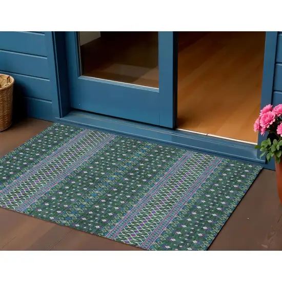 Green Blue And Purple Tribal Washable Indoor Outdoor Area Rug Photo 1