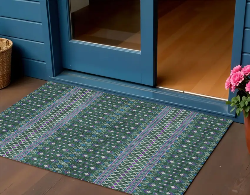 Green Blue And Purple Tribal Washable Indoor Outdoor Area Rug Photo 1
