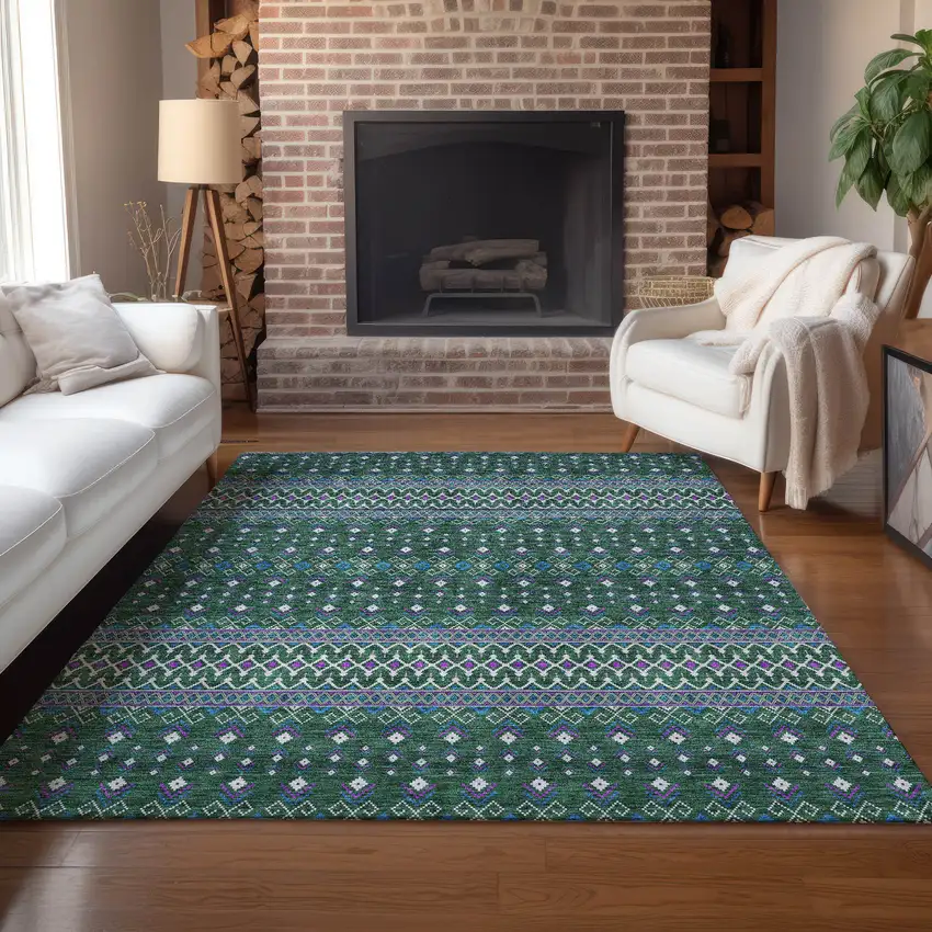 Green Blue And Purple Tribal Washable Indoor Outdoor Area Rug Photo 9