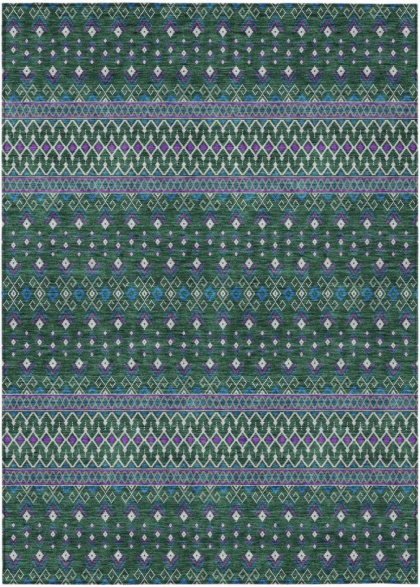Green Blue And Purple Tribal Washable Indoor Outdoor Area Rug Photo 2