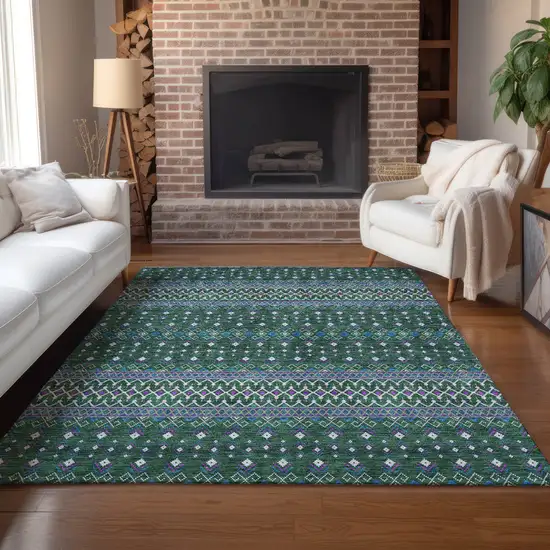Green Blue And Purple Tribal Washable Indoor Outdoor Area Rug Photo 8