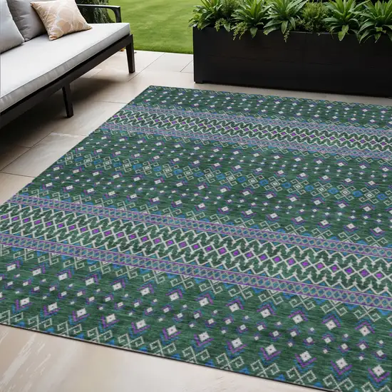 Green Blue And Purple Tribal Washable Indoor Outdoor Area Rug Photo 1