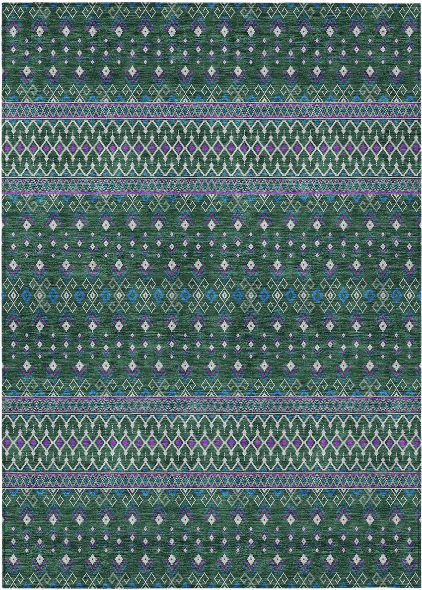 Green Blue And Purple Tribal Washable Indoor Outdoor Area Rug Photo 1