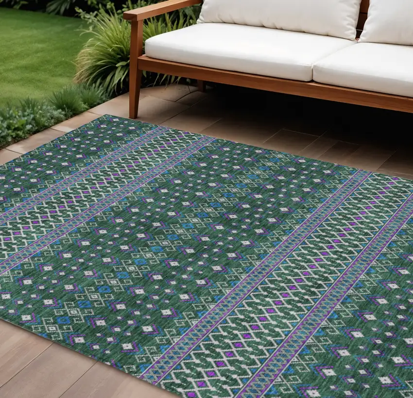 Green Blue And Purple Tribal Washable Indoor Outdoor Area Rug Photo 1