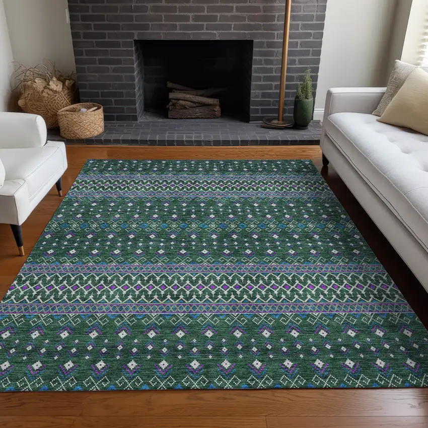 Green Blue And Purple Tribal Washable Indoor Outdoor Area Rug Photo 7