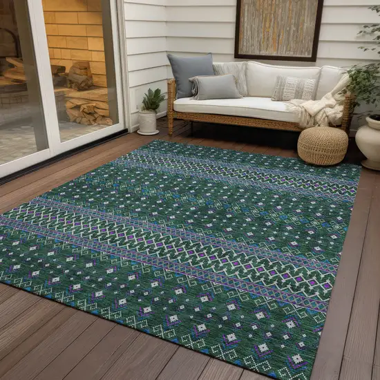 Green Blue And Purple Tribal Washable Indoor Outdoor Area Rug Photo 6
