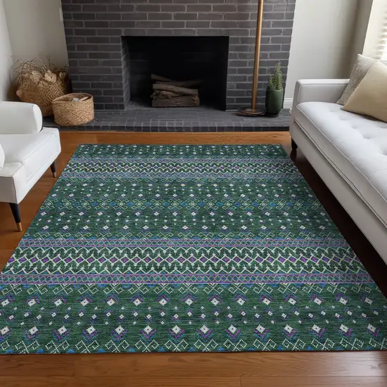 Green Blue And Purple Tribal Washable Indoor Outdoor Area Rug Photo 7