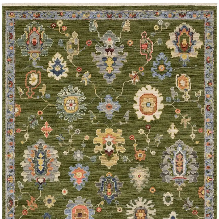 Green Blue And Yellow Oriental Area Rug With Fringe Photo 4
