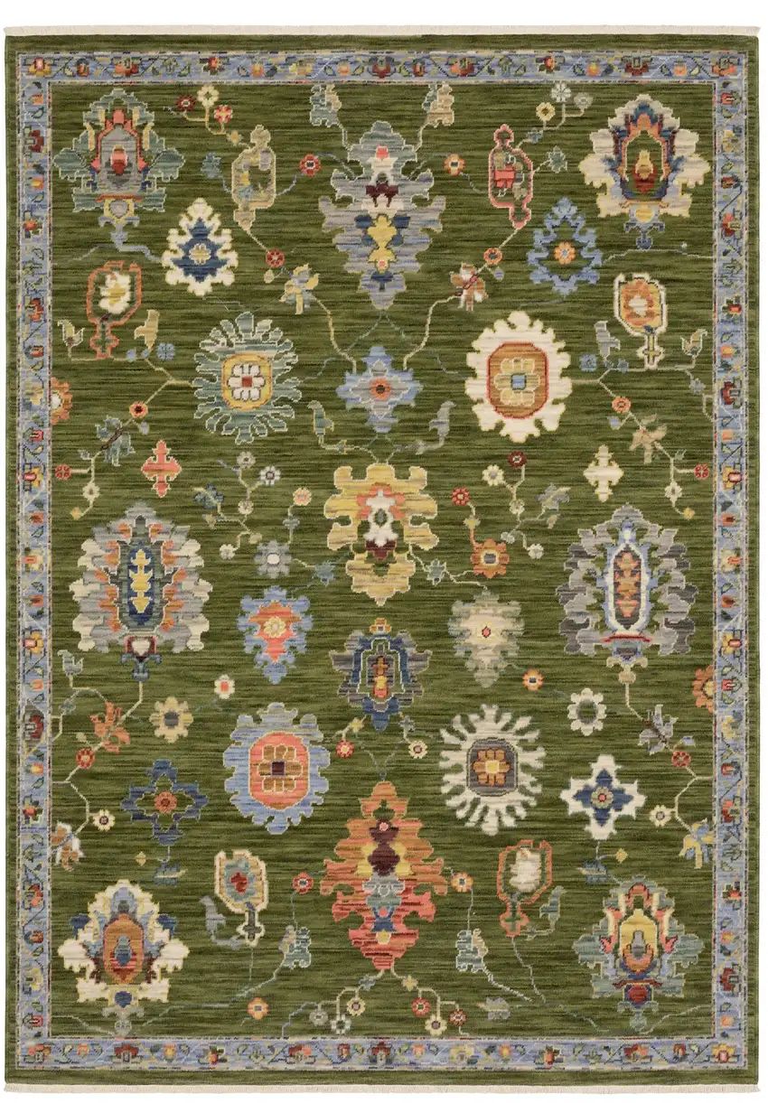 Green Blue And Yellow Oriental Area Rug With Fringe Photo 2
