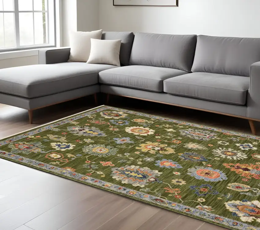 Green Blue And Yellow Oriental Area Rug With Fringe Photo 1
