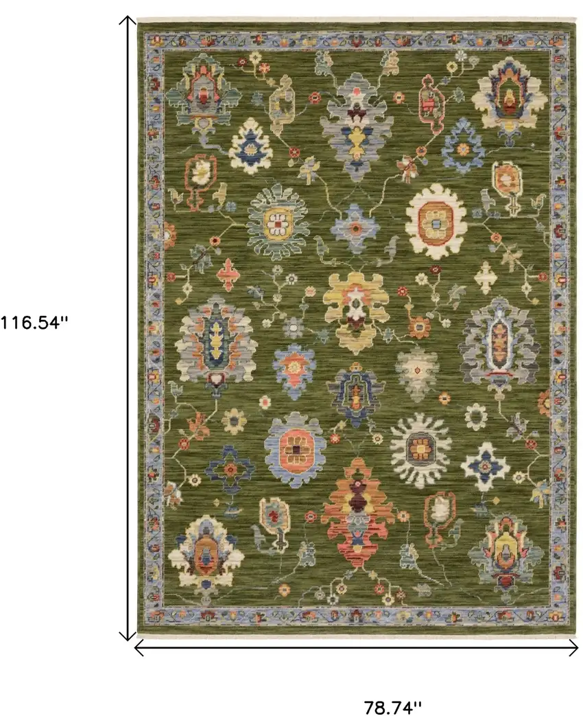 Green Blue And Yellow Oriental Area Rug With Fringe Photo 3