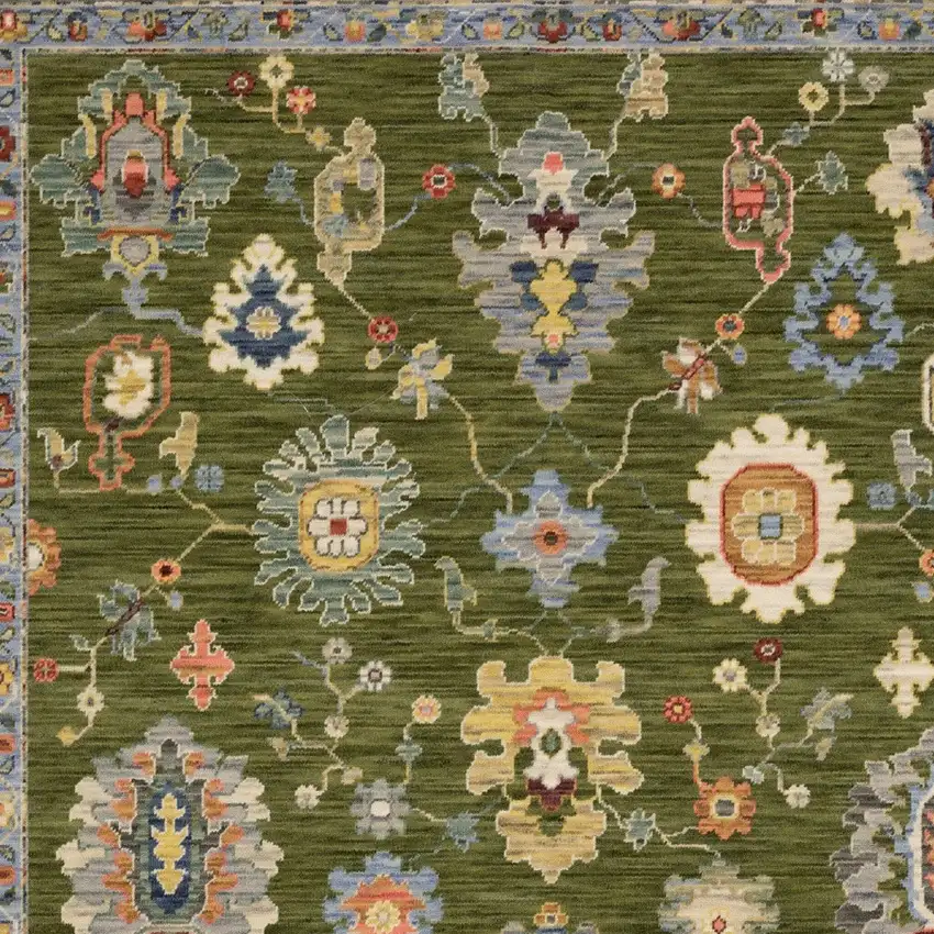 Green Blue And Yellow Oriental Area Rug With Fringe Photo 7