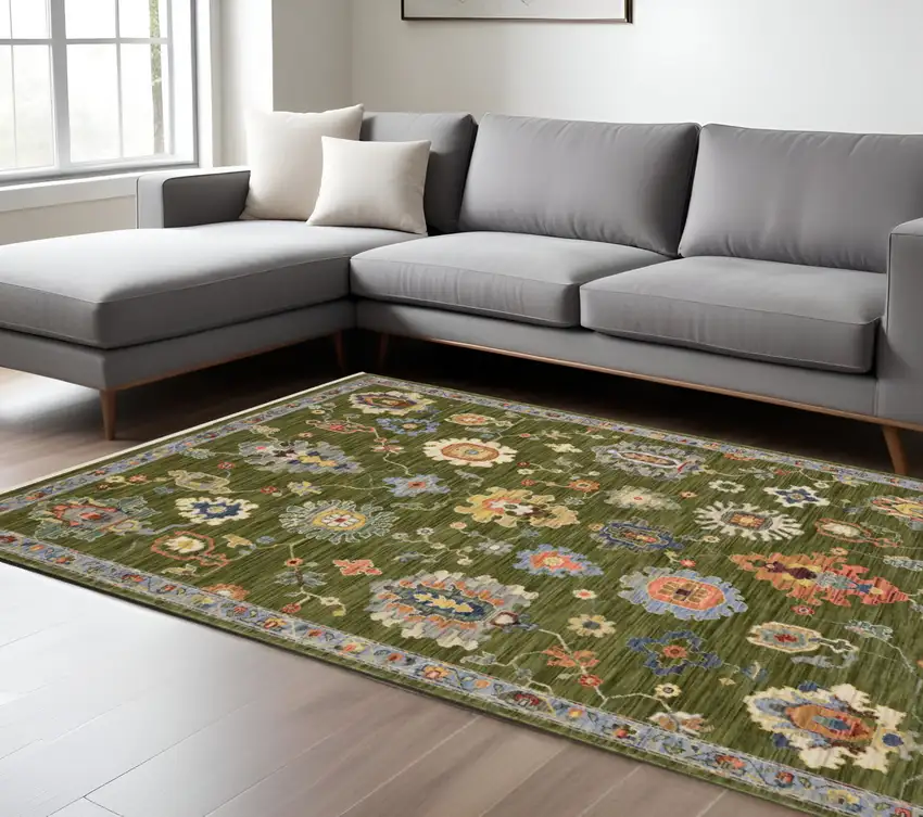 Green Blue And Yellow Oriental Area Rug With Fringe Photo 1