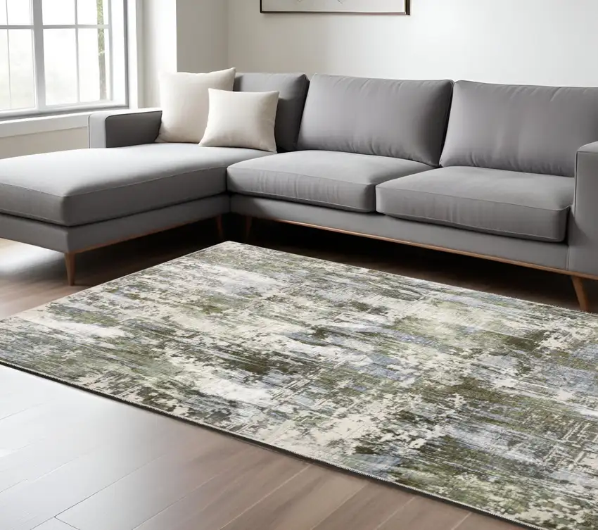 Green and Ivory Abstract Power Loom Area Rug Photo 1