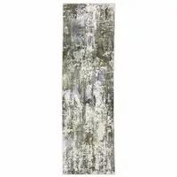 Photo of Green Blue Grey Ivory And Brown Abstract Power Loom Stain Resistant Runner Rug