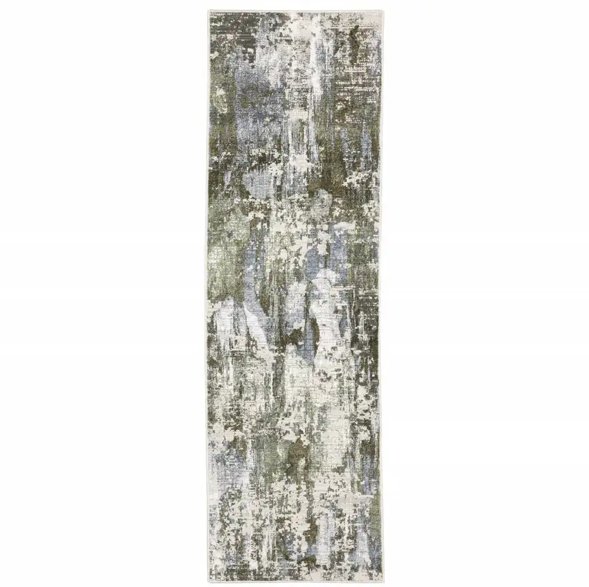 Green Blue Grey Ivory And Brown Abstract Power Loom Stain Resistant Runner Rug Photo 1