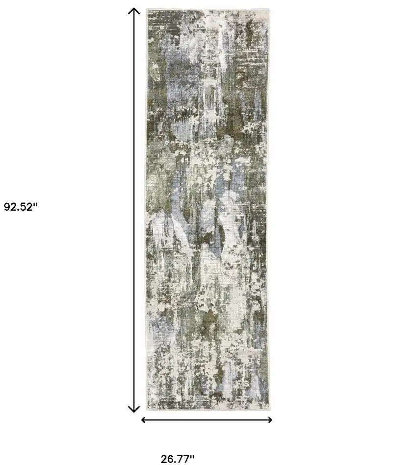 Green Blue Grey Ivory And Brown Abstract Power Loom Stain Resistant Runner Rug Photo 10