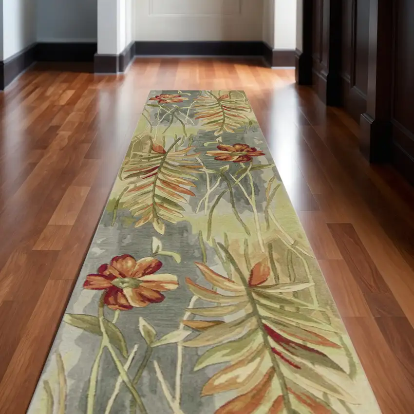 10' Blue And Green Wool Tropical Botanical Hand Tufted Runner Rug Photo 1
