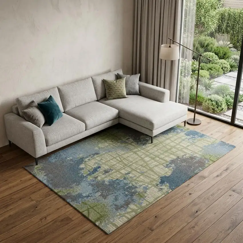Green Blue Machine Woven Abstract Indoor Area Rug Photo 1