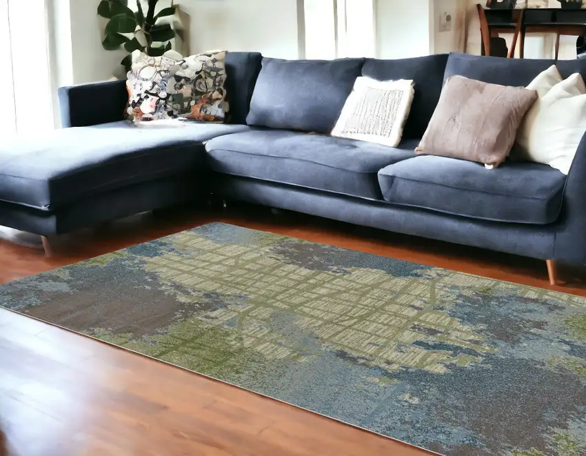 8'X11' Green Blue Machine Woven Abstract Indoor Area Rug Photo 2