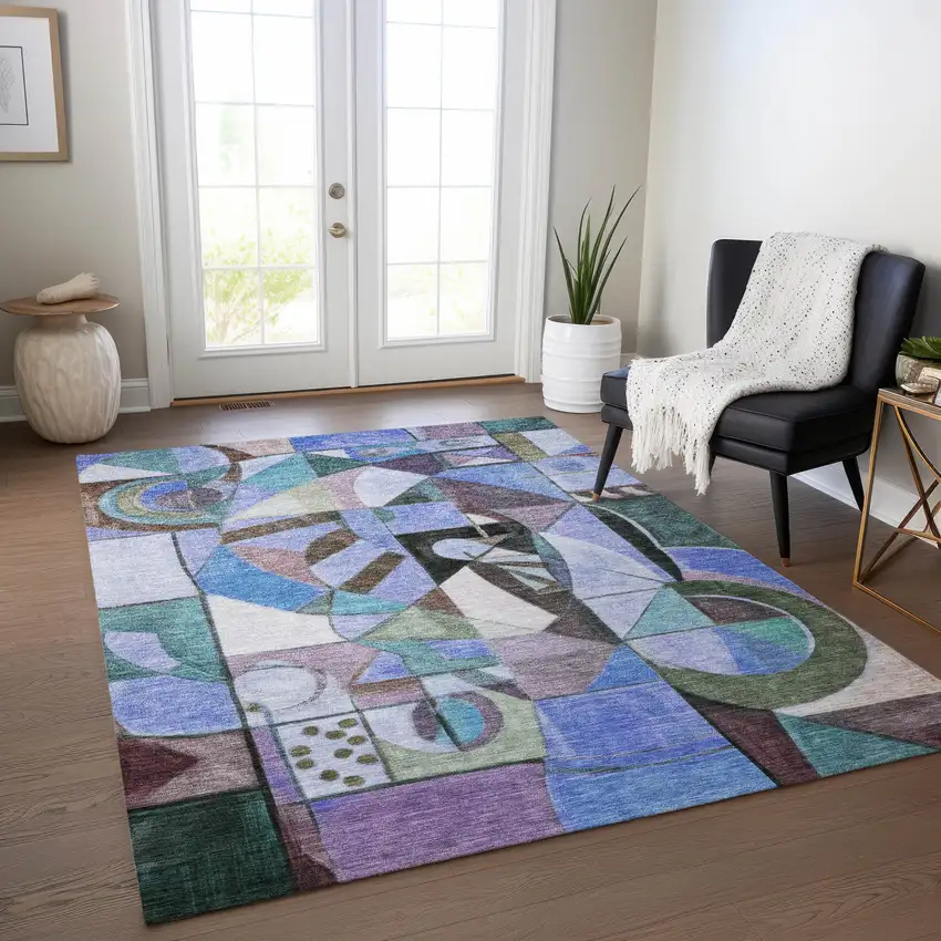 Green Blue Purple And Black Abstract Washable Indoor Outdoor Area Rug Photo 6