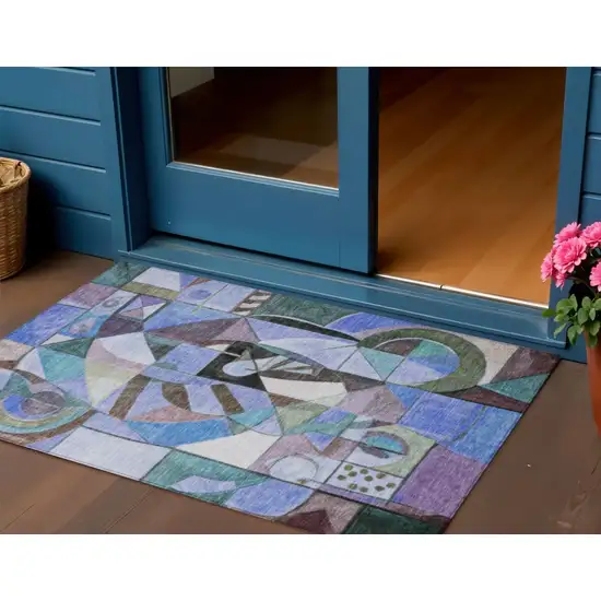 Green Blue Purple And Black Abstract Washable Indoor Outdoor Area Rug Photo 2