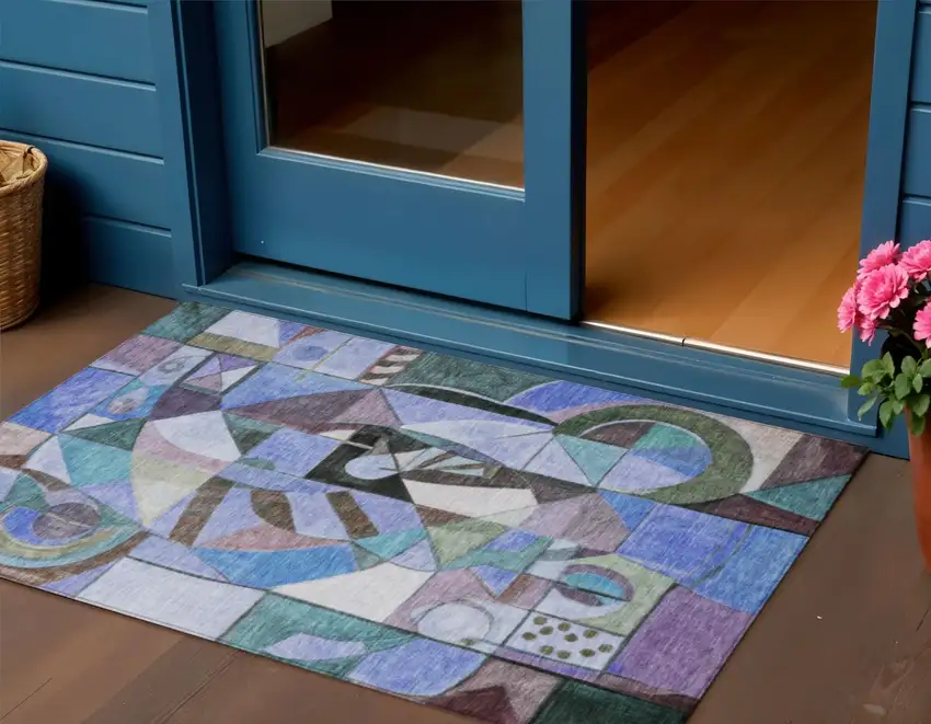 Green Blue Purple And Black Abstract Washable Indoor Outdoor Area Rug Photo 2